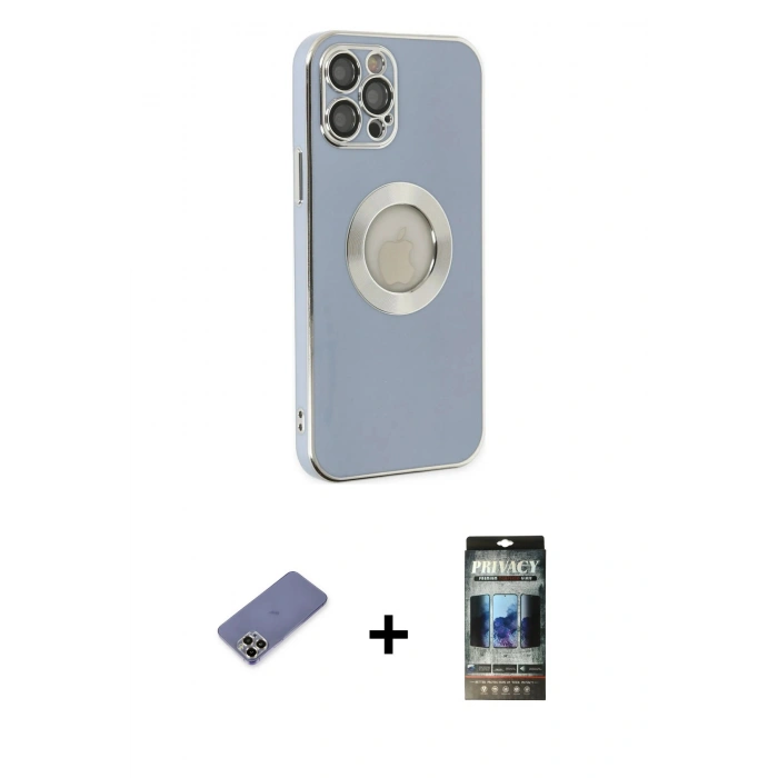 MARSİLYAN™- iPhone 12 Pro Kılıf İz Form Serisi - Siyah 34D Hayalet Izgaralı Cam + Metal Kamera Lens Koruma Cam - GD