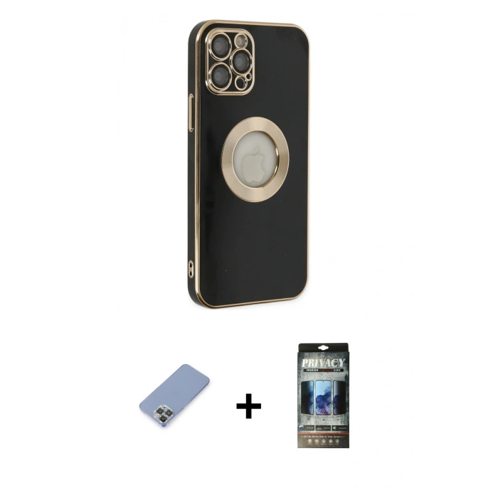 MARSİLYAN™- iPhone 12 Pro Kılıf İz Form Serisi - Siyah 34D Hayalet Izgaralı Cam + Metal Kamera Lens Koruma Cam - KUYL