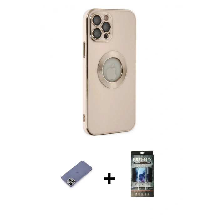 MARSİLYAN™- iPhone 12 Pro Kılıf İz Form Serisi - Siyah 34D Hayalet Izgaralı Cam + Metal Kamera Lens Koruma Cam - GD