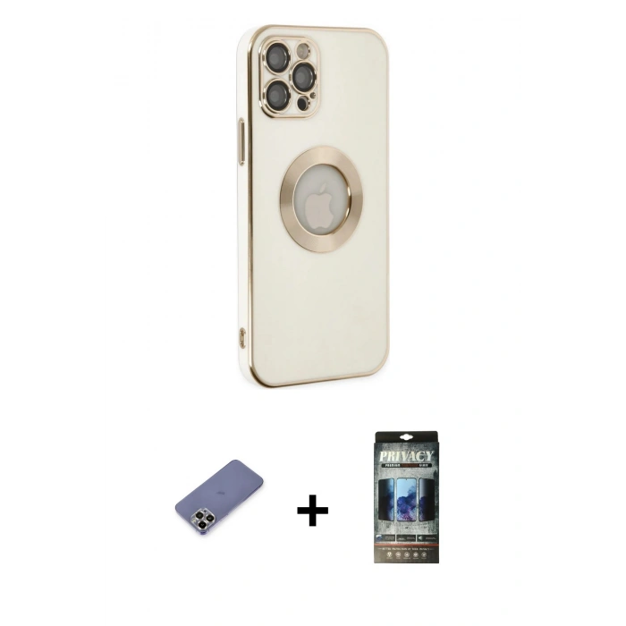 MARSİLYAN™- iPhone 12 Pro Kılıf İz Form Serisi - Siyah 34D Hayalet Izgaralı Cam + Metal Kamera Lens Koruma Cam - GD