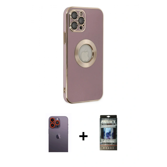 MARSİLYAN™- iPhone 12 Pro Kılıf İz Form Serisi - Siyah 34D Hayalet Izgaralı Cam + Neon Fosforlu Kamera Lens - TU