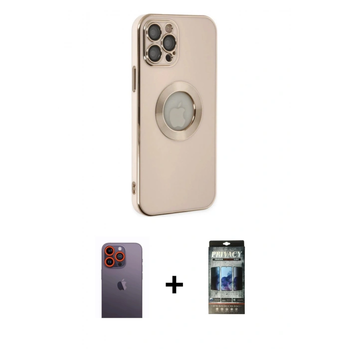 MARSİLYAN™- iPhone 12 Pro Kılıf İz Form Serisi - Siyah 34D Hayalet Izgaralı Cam + Neon Fosforlu Kamera Lens - TU
