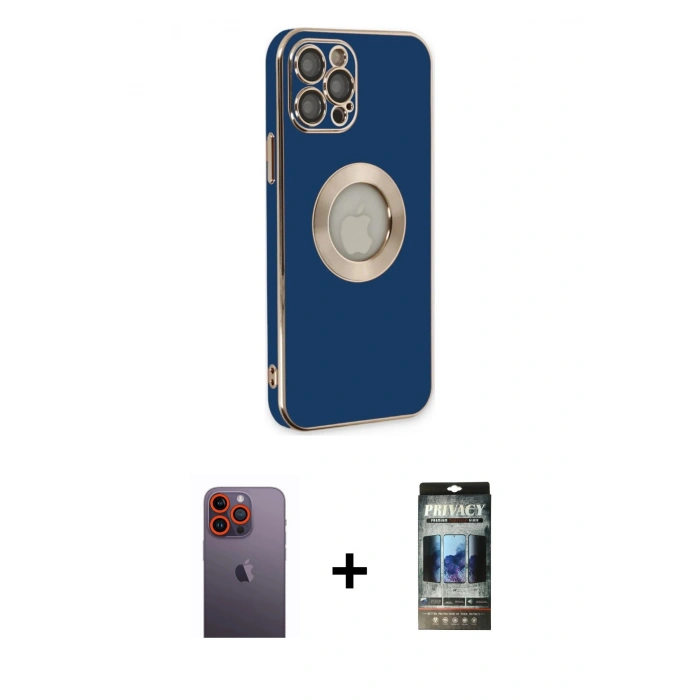 MARSİLYAN™- iPhone 12 Pro Kılıf İz Form Serisi - Siyah 34D Hayalet Izgaralı Cam + Neon Fosforlu Kamera Lens - TU