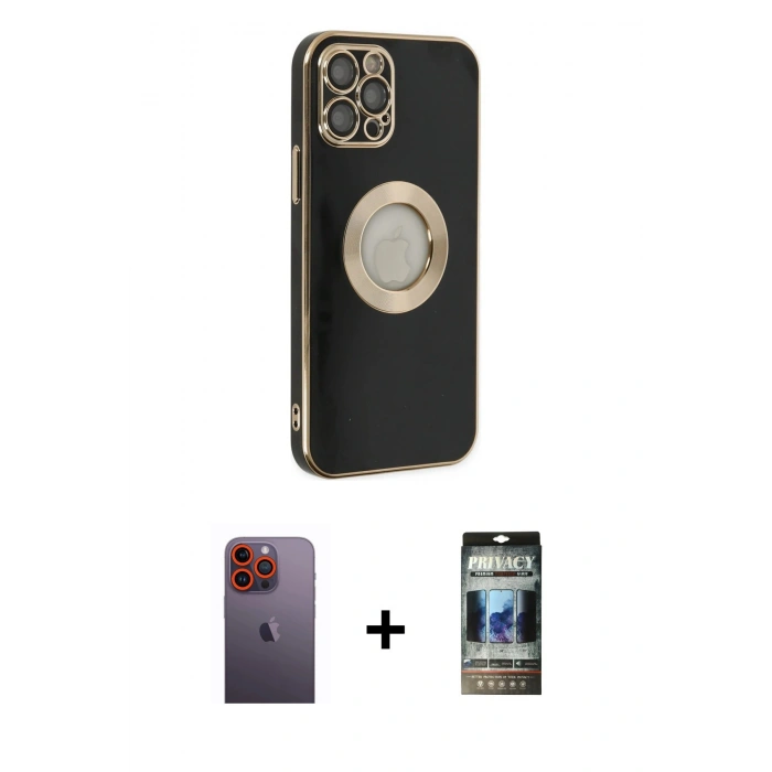 MARSİLYAN™- iPhone 12 Pro Kılıf İz Form Serisi - Siyah 34D Hayalet Izgaralı Cam + Neon Fosforlu Kamera Lens - TU
