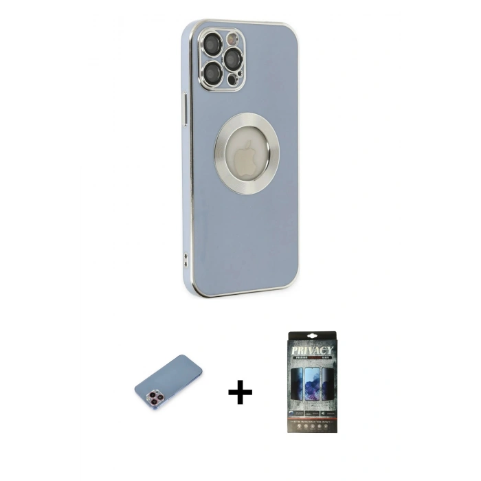 MARSİLYAN™- iPhone 12 Pro Kılıf İz Form Serisi - Siyah 34D Hayalet Izgaralı Cam + Shine Kamera Lens Koruma Cam - PE