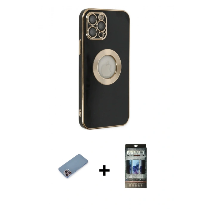 MARSİLYAN™- iPhone 12 Pro Kılıf İz Form Serisi - Siyah 34D Hayalet Izgaralı Cam + Shine Kamera Lens Koruma Cam - PE