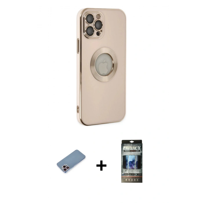 MARSİLYAN™- iPhone 12 Pro Kılıf İz Form Serisi - Siyah 34D Hayalet Izgaralı Cam + Shine Kamera Lens Koruma Cam - PE