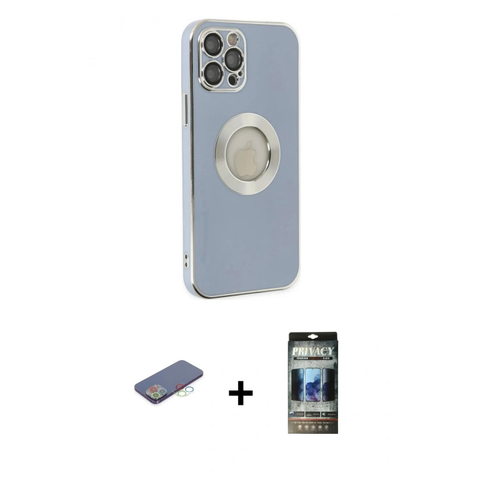 MARSİLYAN™- iPhone 12 Pro Kılıf İz Form Serisi - Siyah 34D Hayalet Izgaralı Cam + Renkli Kamera Lens Koruma Cam - MI