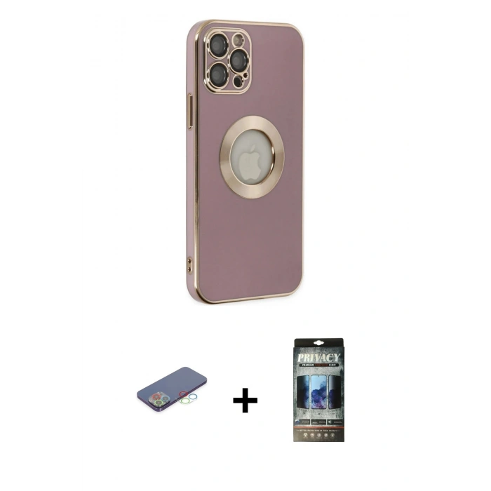 MARSİLYAN™- iPhone 12 Pro Kılıf İz Form Serisi - Siyah 34D Hayalet Izgaralı Cam + Renkli Kamera Lens Koruma Cam - MI