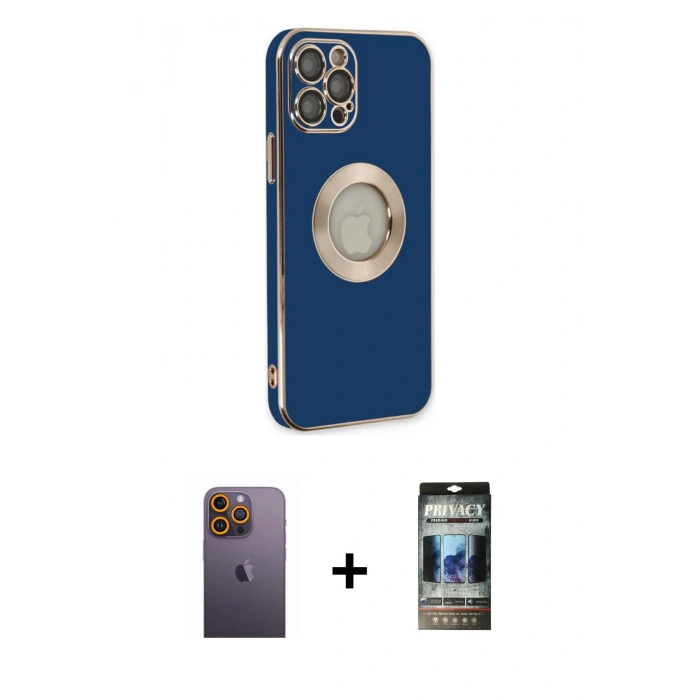 MARSİLYAN™- iPhone 12 Pro Kılıf İz Form Serisi - Siyah 34D Hayalet Izgaralı Cam + Neon Fosforlu Kamera Lens - SI