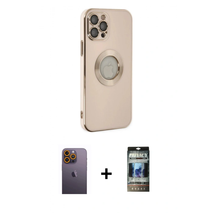 MARSİLYAN™- iPhone 12 Pro Kılıf İz Form Serisi - Siyah 34D Hayalet Izgaralı Cam + Neon Fosforlu Kamera Lens - SI