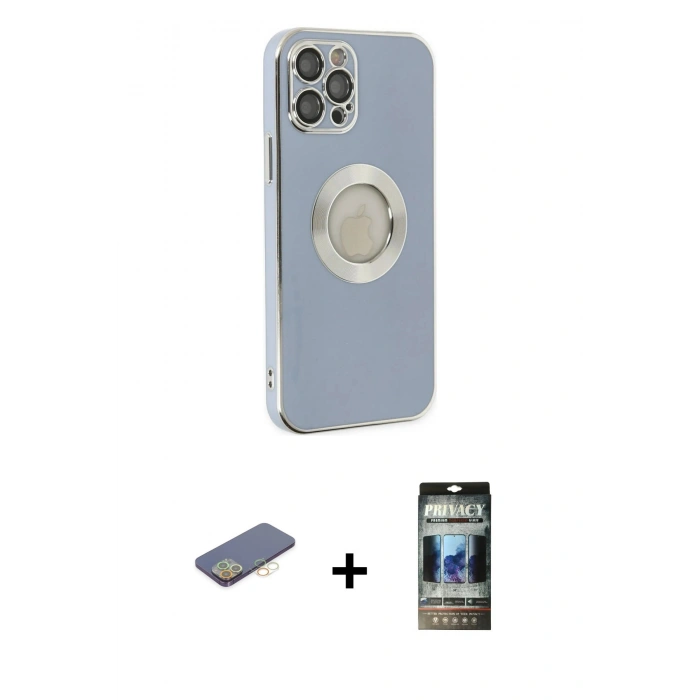 MARSİLYAN™- iPhone 12 Pro Kılıf İz Form Serisi - Siyah 34D Hayalet Izgaralı Cam + Renkli Kamera Lens Koruma Cam - SI