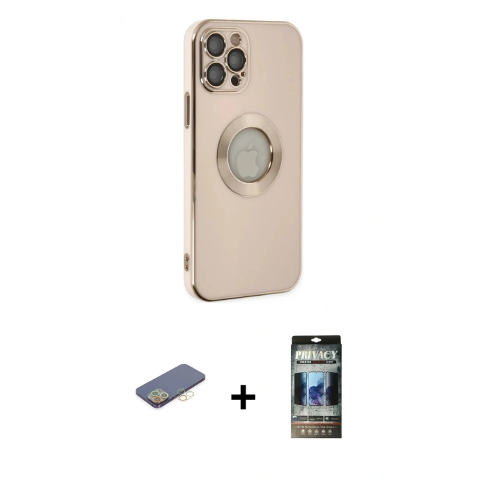 MARSİLYAN™- iPhone 12 Pro Kılıf İz Form Serisi - Siyah 34D Hayalet Izgaralı Cam + Renkli Kamera Lens Koruma Cam - SI