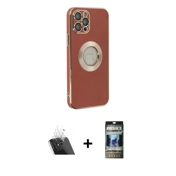 MARSİLYAN™- iPhone 12 Pro Kılıf İz Form Serisi - Siyah 34D Hayalet Izgaralı Cam + Kamera Lens Koruma Cam - SF
