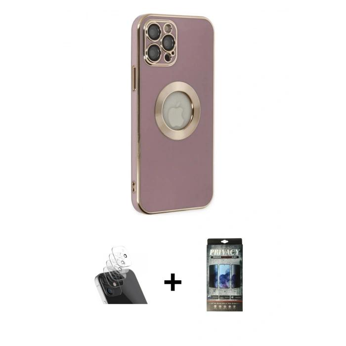 MARSİLYAN™- iPhone 12 Pro Kılıf İz Form Serisi - Siyah 34D Hayalet Izgaralı Cam + Kamera Lens Koruma Cam - SF