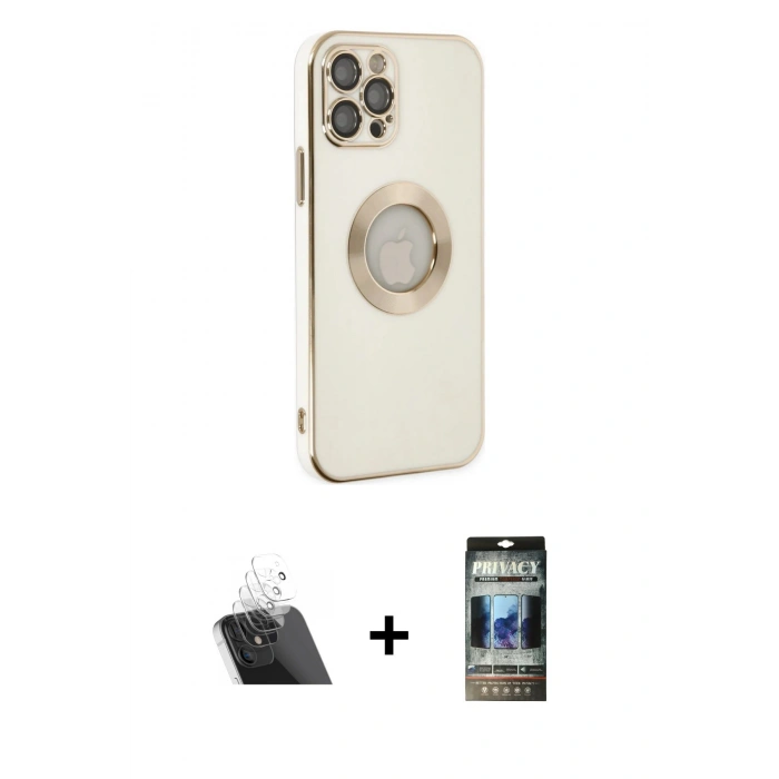 MARSİLYAN™- iPhone 12 Pro Kılıf İz Form Serisi - Siyah 34D Hayalet Izgaralı Cam + Kamera Lens Koruma Cam - SF