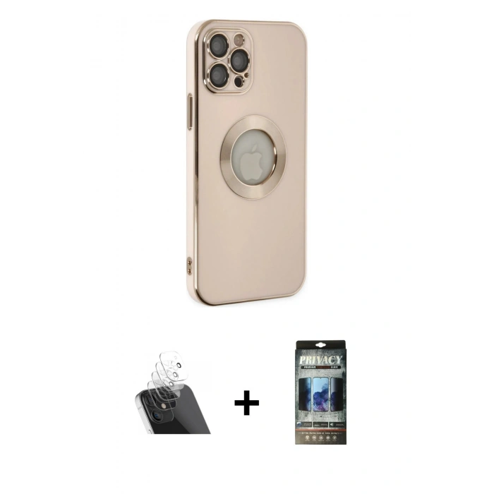 MARSİLYAN™- iPhone 12 Pro Kılıf İz Form Serisi - Siyah 34D Hayalet Izgaralı Cam + Kamera Lens Koruma Cam - SF