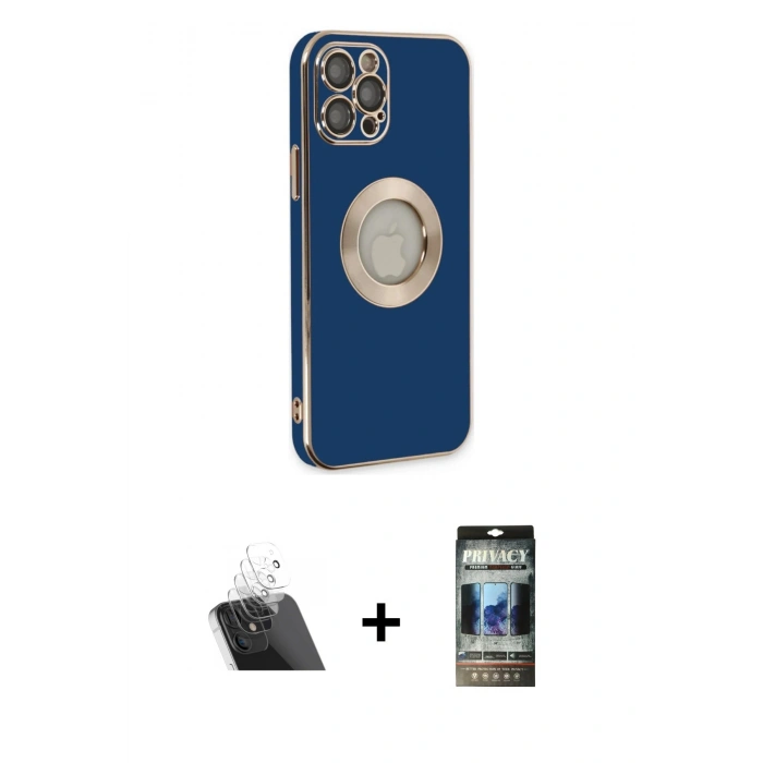 MARSİLYAN™- iPhone 12 Pro Kılıf İz Form Serisi - Siyah 34D Hayalet Izgaralı Cam + Kamera Lens Koruma Cam - SF