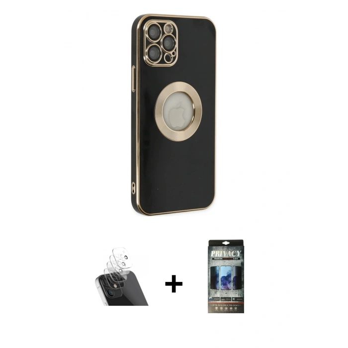 MARSİLYAN™- iPhone 12 Pro Kılıf İz Form Serisi - Siyah 34D Hayalet Izgaralı Cam + Kamera Lens Koruma Cam - SF