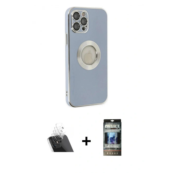 MARSİLYAN™- iPhone 12 Pro Kılıf İz Form Serisi - Siyah 34D Hayalet Izgaralı Cam + Kamera Lens Koruma Cam - SF