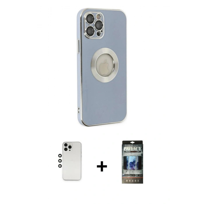 MARSİLYAN™- iPhone 12 Pro Kılıf İz Form Serisi - Siyah 34D Hayalet Izgaralı Cam + Shine Kamera Lens - GS