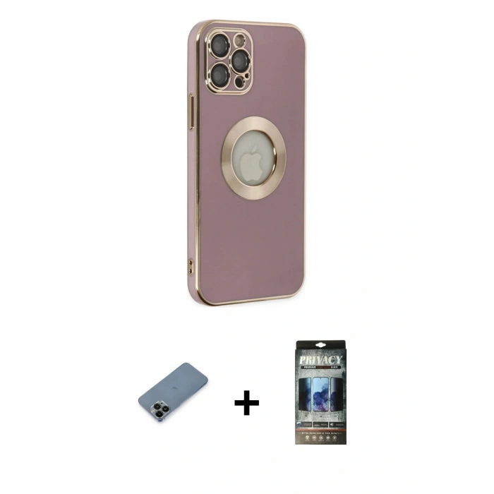 MARSİLYAN™- iPhone 12 Pro Kılıf İz Form Serisi - Siyah 34D Hayalet Izgaralı Cam + Shine Kamera Lens Koruma Cam - SH