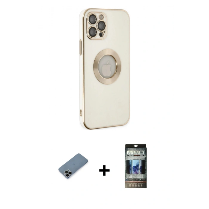 MARSİLYAN™- iPhone 12 Pro Kılıf İz Form Serisi - Siyah 34D Hayalet Izgaralı Cam + Shine Kamera Lens Koruma Cam - SH