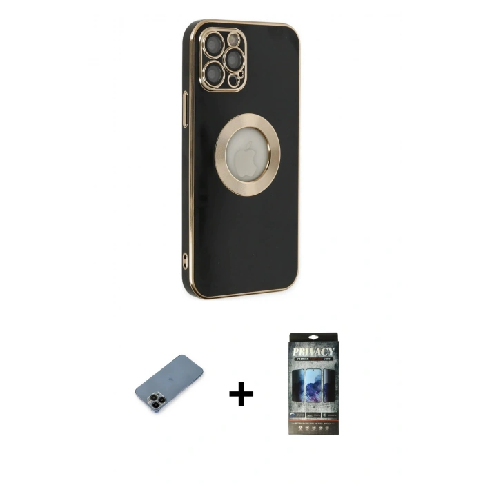 MARSİLYAN™- iPhone 12 Pro Kılıf İz Form Serisi - Siyah 34D Hayalet Izgaralı Cam + Shine Kamera Lens Koruma Cam - SH