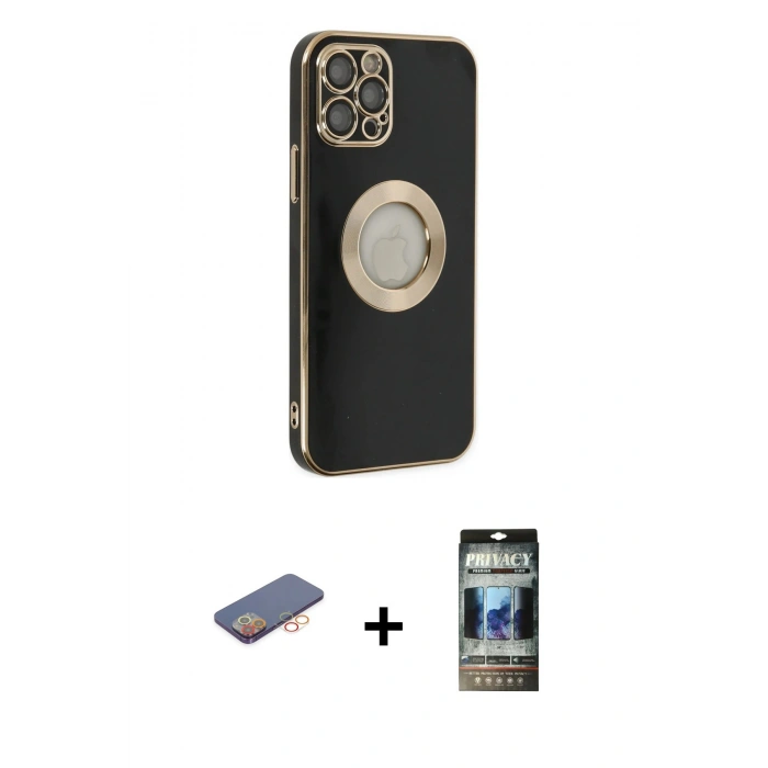 MARSİLYAN™- iPhone 12 Pro Kılıf İz Form Serisi - Siyah 34D Hayalet Izgaralı Cam + Turuncu Renkli Kamera Lens Koruma Cam