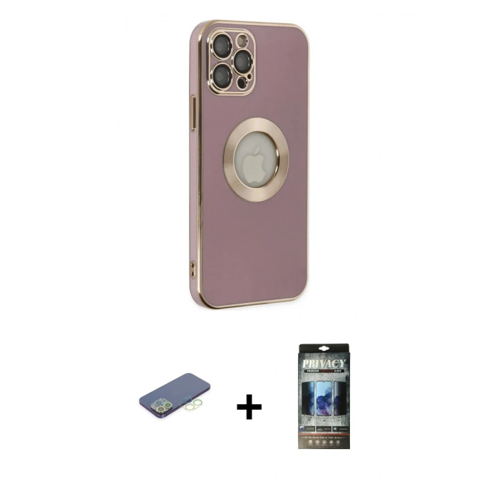 MARSİLYAN™- iPhone 12 Pro Kılıf İz Form Serisi - Siyah 34D Hayalet Izgaralı Cam + Renkli Kamera Lens Koruma Cam - YL
