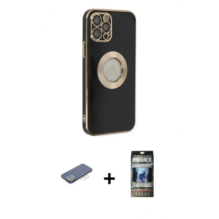 MARSİLYAN™- iPhone 12 Pro Kılıf İz Form Serisi - Siyah 34D Hayalet Izgaralı Cam + Renkli Kamera Lens Koruma Cam - YL