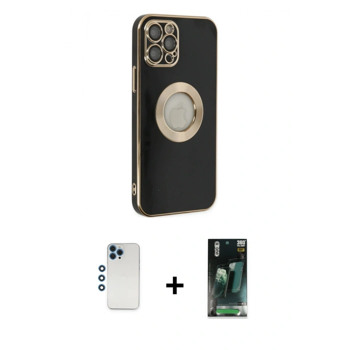 MARSİLYAN™- iPhone 12 Pro Kılıf İz Form Serisi - Siyah 360 Mat Full Body Arka Koruyucu + Shine Kamera Lens - MI