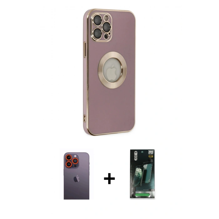 MARSİLYAN™- iPhone 12 Pro Kılıf İz Form Serisi - Siyah 360 Mat Full Body Arka Koruyucu + Neon Fosforlu Kamera Lens - TU