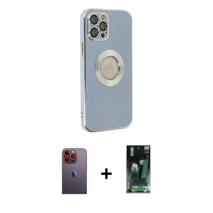 MARSİLYAN™- iPhone 12 Pro Kılıf İz Form Serisi - Siyah 360 Mat Full Body Arka Koruyucu + Neon Fosforlu Kamera Lens - TU