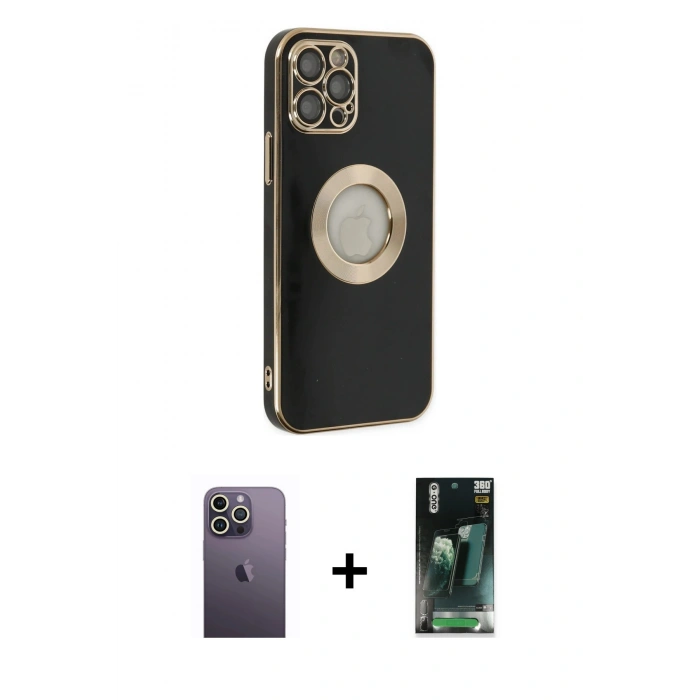 MARSİLYAN™- iPhone 12 Pro Kılıf İz Form Serisi - Siyah 360 Mat Full Body Arka Koruyucu + Neon Fosforlu Kamera Lens - BZ