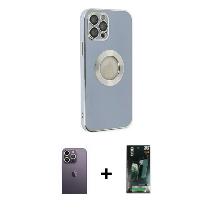 MARSİLYAN™- iPhone 12 Pro Kılıf İz Form Serisi - Siyah 360 Mat Full Body Arka Koruyucu + Neon Fosforlu Kamera Lens - BZ
