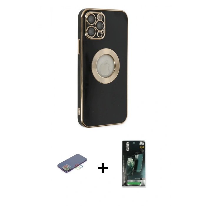 MARSİLYAN™- iPhone 12 Pro Kılıf İz Form Serisi - Siyah 360 Mat Full Body Arka Koruyucu + Renkli Kamera Lens Koruma Cam - MI