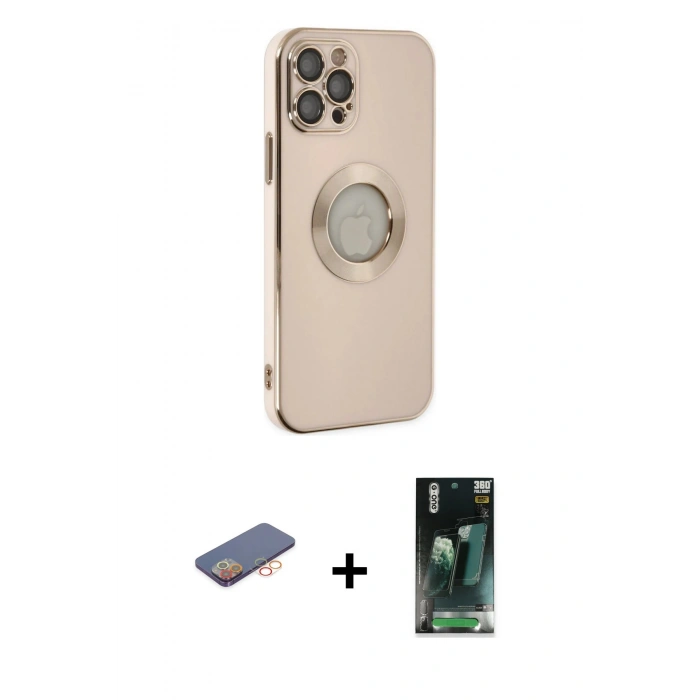MARSİLYAN™- iPhone 12 Pro Kılıf İz Form Serisi - Siyah 360 Mat Full Body Arka Koruyucu + Renkli Kamera Lens Koruma Cam - TU