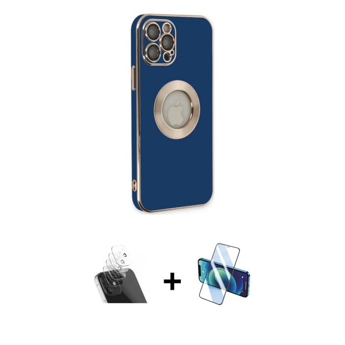 MARSİLYAN™- iPhone 12 Pro Kılıf İz Form Serisi - Siyah 3D Antistatik Cam Ekran Koruyucu + Kamera Lens Koruma Cam - SF
