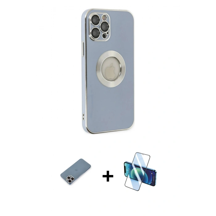 MARSİLYAN™- iPhone 12 Pro Kılıf İz Form Serisi - Siyah 3D Antistatik Cam Ekran Koruyucu + Metal Kamera Lens Koruma Cam - MR