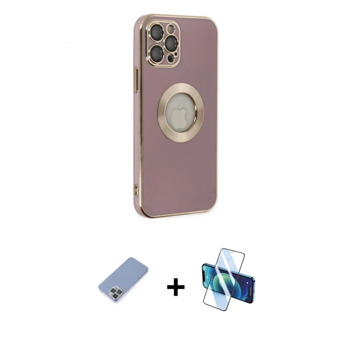 MARSİLYAN™- iPhone 12 Pro Kılıf İz Form Serisi - Siyah 3D Antistatik Cam Ekran Koruyucu + Metal Kamera Lens Koruma Cam - KUYL