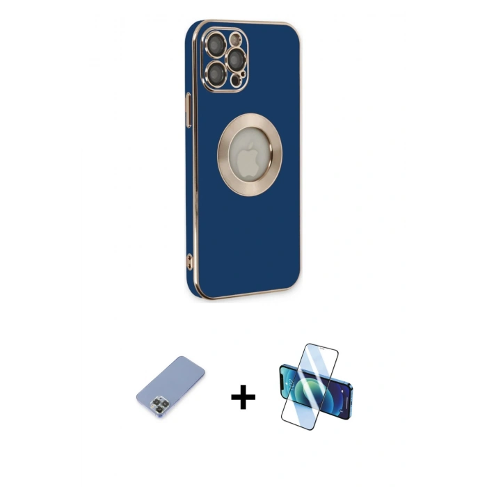 MARSİLYAN™- iPhone 12 Pro Kılıf İz Form Serisi - Siyah 3D Antistatik Cam Ekran Koruyucu + Metal Kamera Lens Koruma Cam - KUYL
