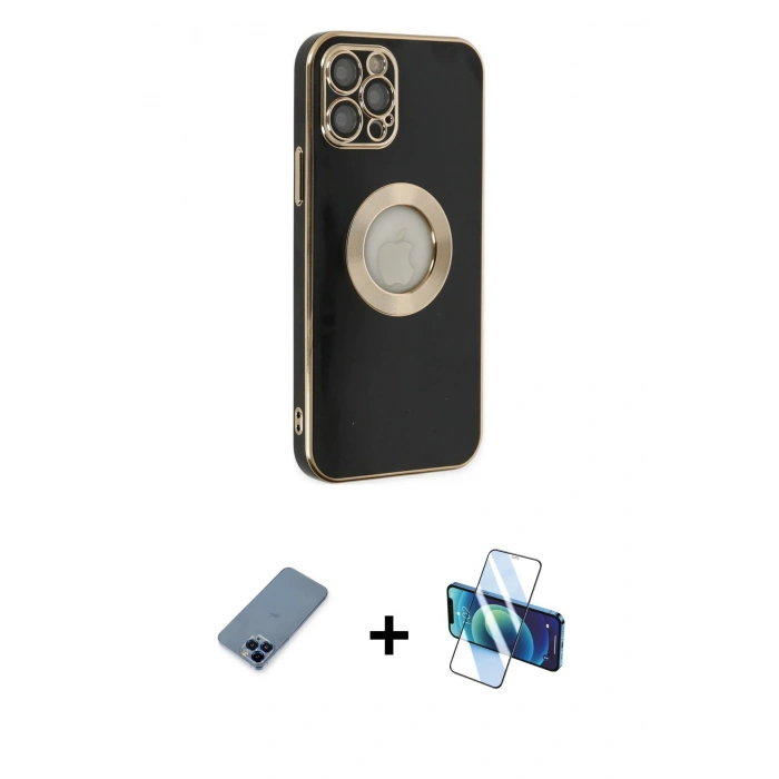 MARSİLYAN™- iPhone 12 Pro Kılıf İz Form Serisi - Siyah 3D Antistatik Cam Ekran Koruyucu + Metal Kamera Lens Koruma Cam - MI