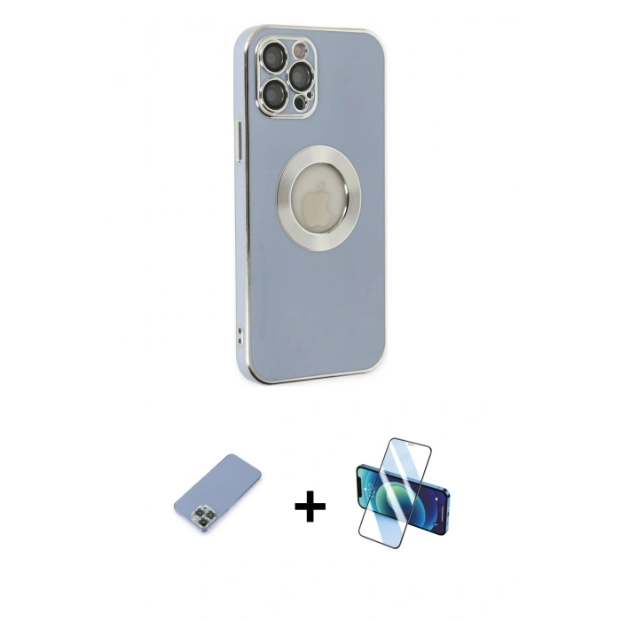 MARSİLYAN™- iPhone 12 Pro Kılıf İz Form Serisi - Siyah 3D Antistatik Cam Ekran Koruyucu + Metal Kamera Lens Koruma Cam - KUYL