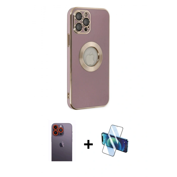 MARSİLYAN™- iPhone 12 Pro Kılıf İz Form Serisi - Siyah 3D Antistatik Cam Ekran Koruyucu + Neon Fosforlu Kamera Lens - TU