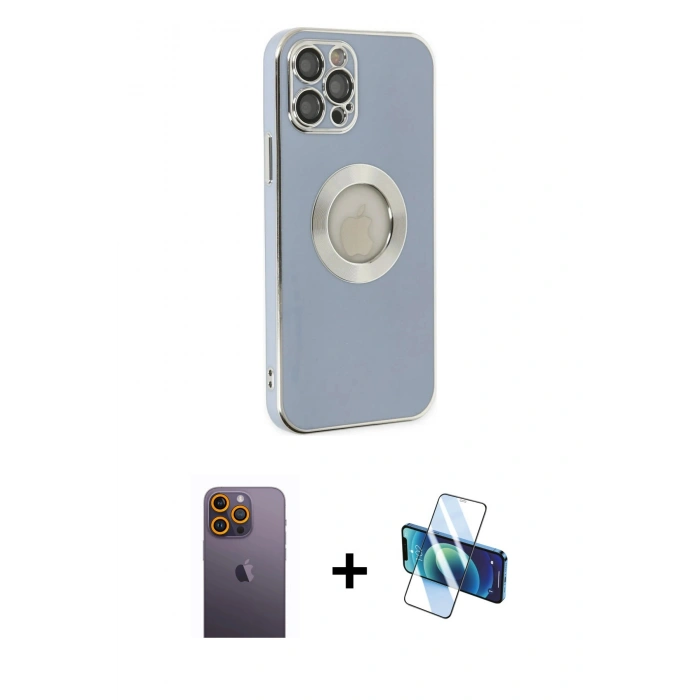 MARSİLYAN™- iPhone 12 Pro Kılıf İz Form Serisi - Siyah 3D Antistatik Cam Ekran Koruyucu + Neon Fosforlu Kamera Lens - SI