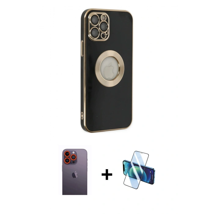 MARSİLYAN™- iPhone 12 Pro Kılıf İz Form Serisi - Siyah 3D Antistatik Cam Ekran Koruyucu + Neon Fosforlu Kamera Lens - TU