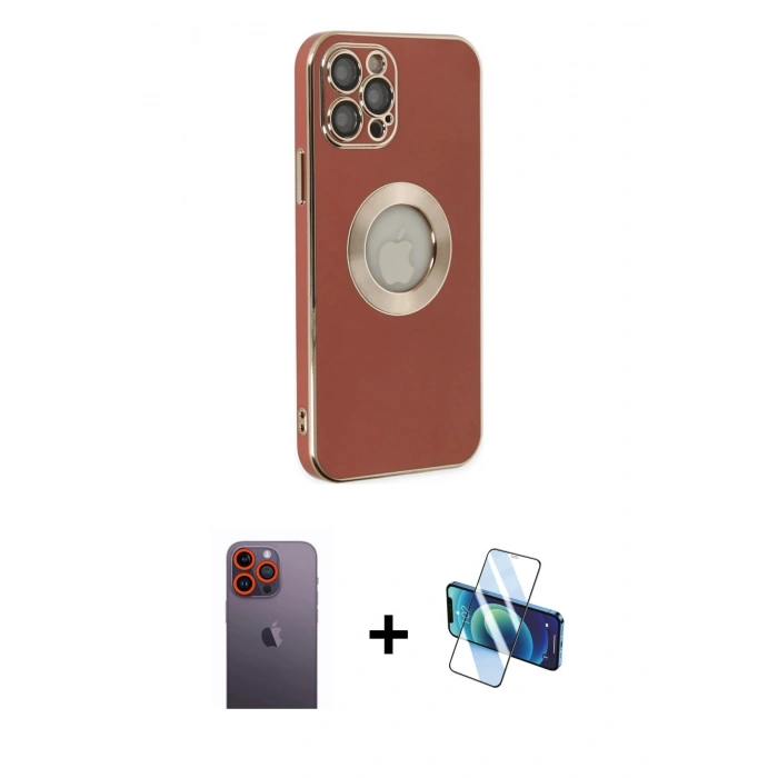 MARSİLYAN™- iPhone 12 Pro Kılıf İz Form Serisi - Siyah 3D Antistatik Cam Ekran Koruyucu + Neon Fosforlu Kamera Lens - TU