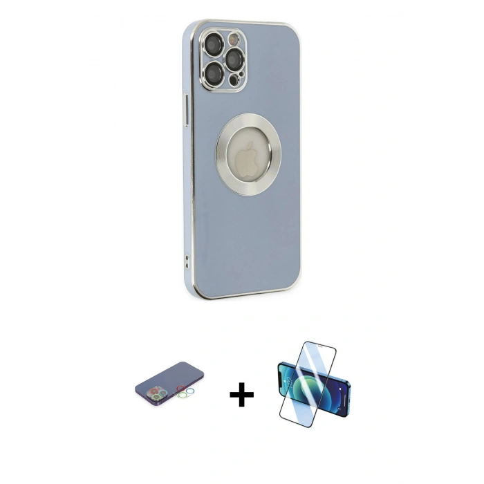 MARSİLYAN™- iPhone 12 Pro Kılıf İz Form Serisi - Siyah 3D Antistatik Cam Ekran Koruyucu + Renkli Kamera Lens Koruma Cam - MI