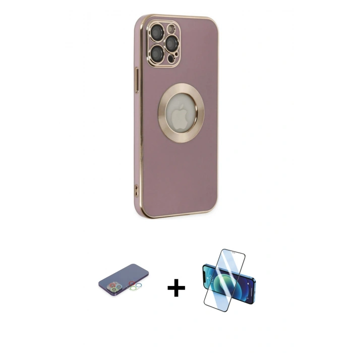 MARSİLYAN™- iPhone 12 Pro Kılıf İz Form Serisi - Siyah 3D Antistatik Cam Ekran Koruyucu + Renkli Kamera Lens Koruma Cam - MI